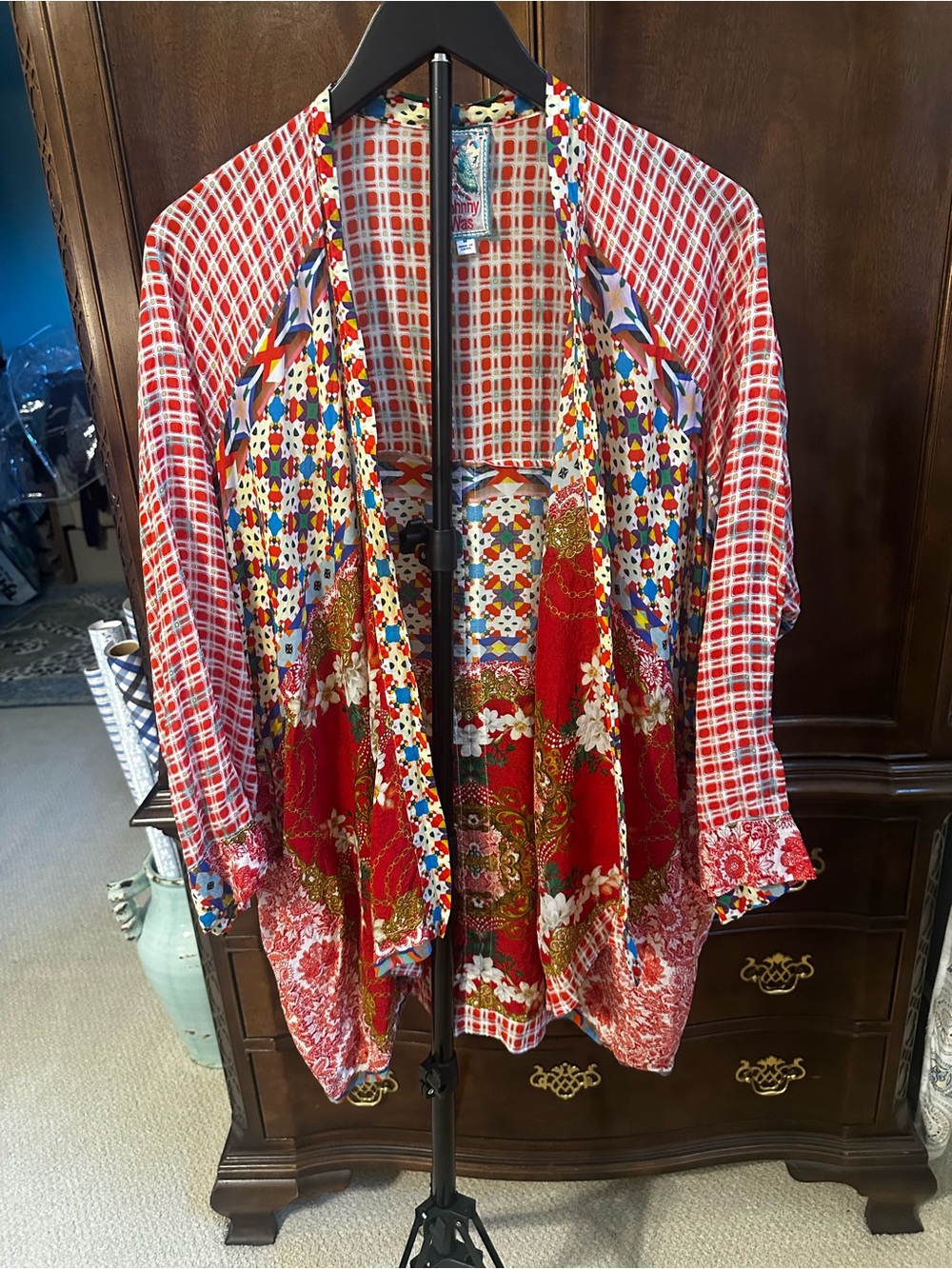Johnny Was Red Mixed-Print Open Front Kimono Jacket